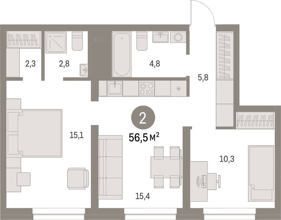 2-комнатная квартира в ЖК Скандинавия на 15 этаже в 1 секции. Сдача в 4 кв. 2026 г.
