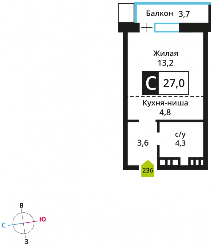1-комнатная квартира (Студия) в ЖК Отрада на 7 этаже в 5 секции. Сдача в 2 кв. 2023 г.