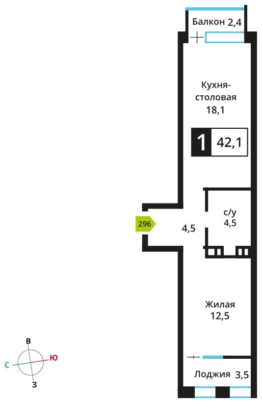 1-комнатная квартира (Студия) с отделкой в ЖК Скандинавия на 9 этаже в 1 секции. Сдача в 3 кв. 2024 г.