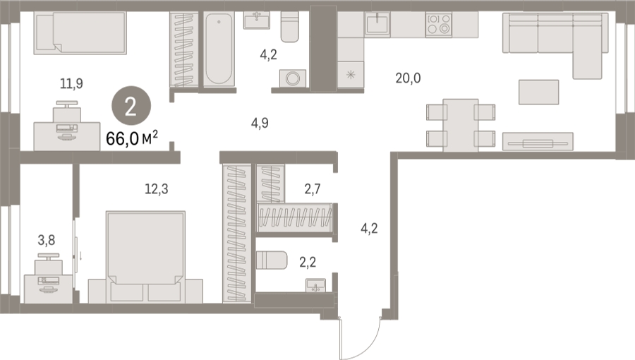 2-комнатная квартира с отделкой в ЖК Первый квартал на 2 этаже в 3 секции. Сдача в 1 кв. 2025 г.