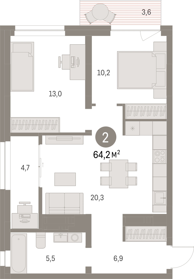 2-комнатная квартира с отделкой в ЖК Первый квартал на 4 этаже в 2 секции. Сдача в 1 кв. 2025 г.