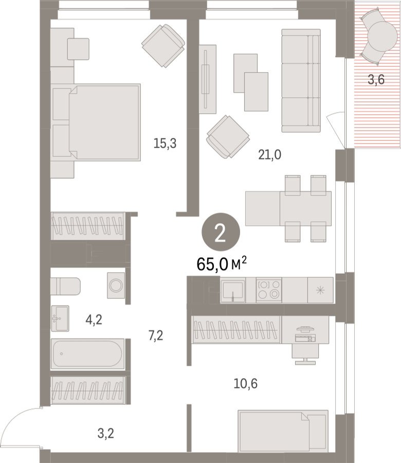 2-комнатная квартира с отделкой в ЖК Первый квартал на 7 этаже в 1 секции. Сдача в 1 кв. 2025 г.