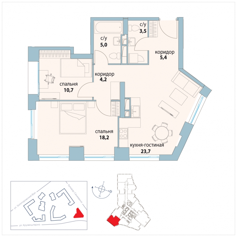 2-комнатная квартира в ЖК Символ на 23 этаже в 2 секции. Сдача в 3 кв. 2025 г.