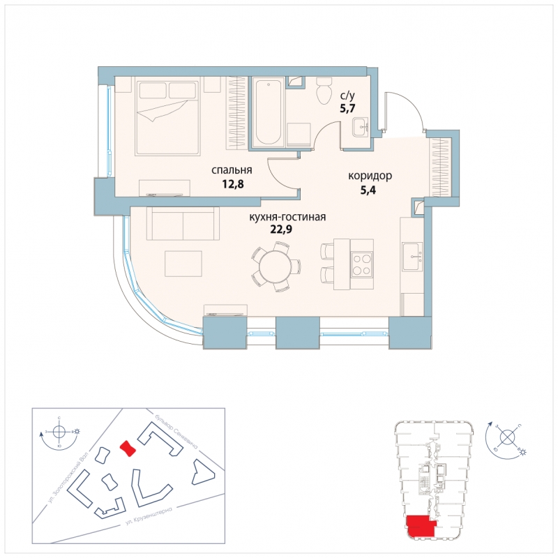 3-комнатная квартира в ЖК Символ на 12 этаже в 2 секции. Сдача в 3 кв. 2025 г.