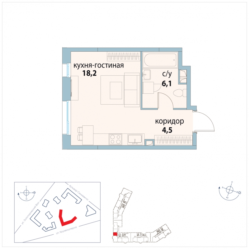 2-комнатная квартира в ЖК Символ на 17 этаже в 1 секции. Сдача в 3 кв. 2025 г.