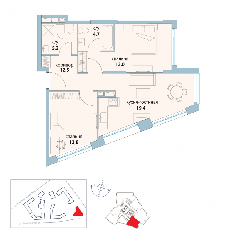 2-комнатная квартира в ЖК Символ на 21 этаже в 1 секции. Сдача в 1 кв. 2024 г.