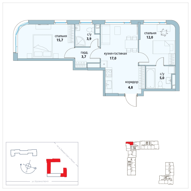 3-комнатная квартира в ЖК Символ на 22 этаже в 3 секции. Сдача в 3 кв. 2025 г.