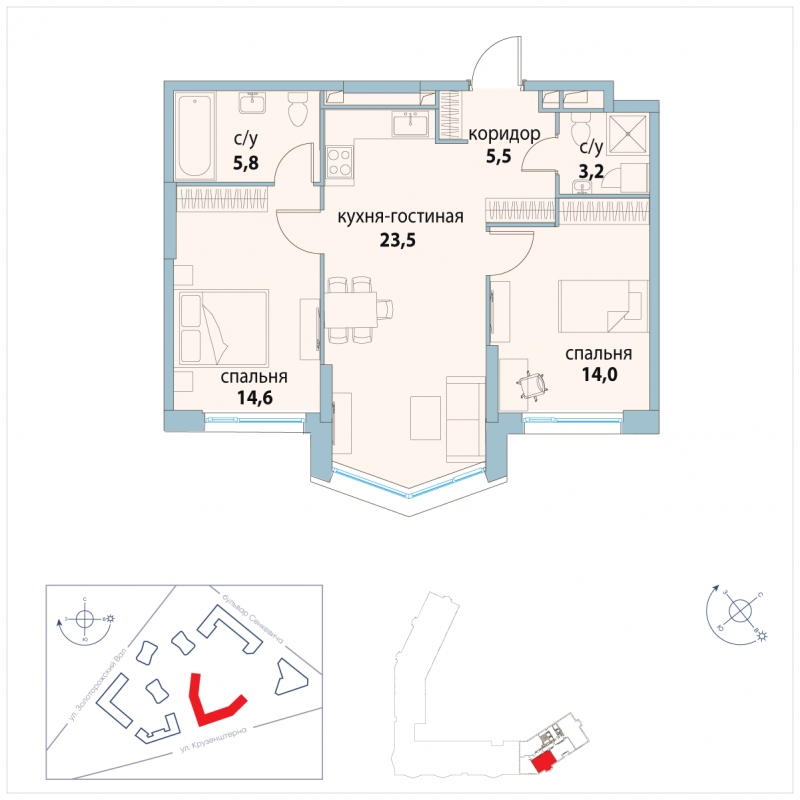 3-комнатная квартира в ЖК Символ на 2 этаже в 1 секции. Сдача в 3 кв. 2025 г.