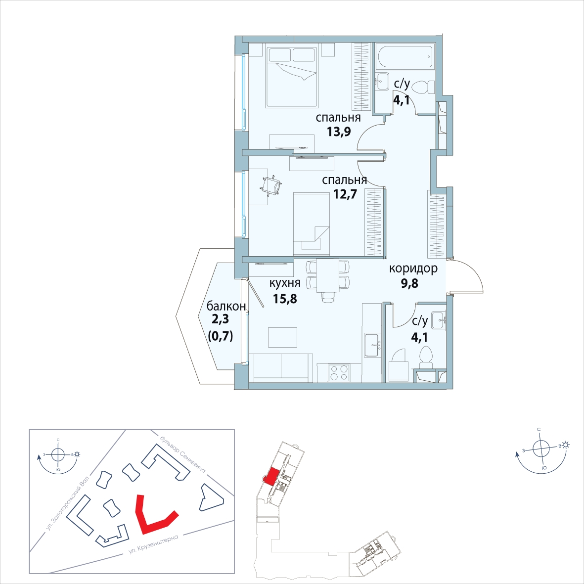 2-комнатная квартира в ЖК Символ на 20 этаже в 2 секции. Сдача в 3 кв. 2025 г.