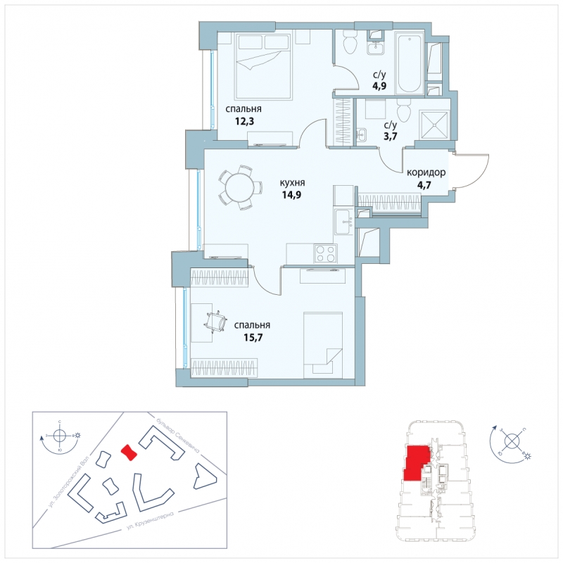 3-комнатная квартира в ЖК Символ на 20 этаже в 4 секции. Сдача в 3 кв. 2025 г.