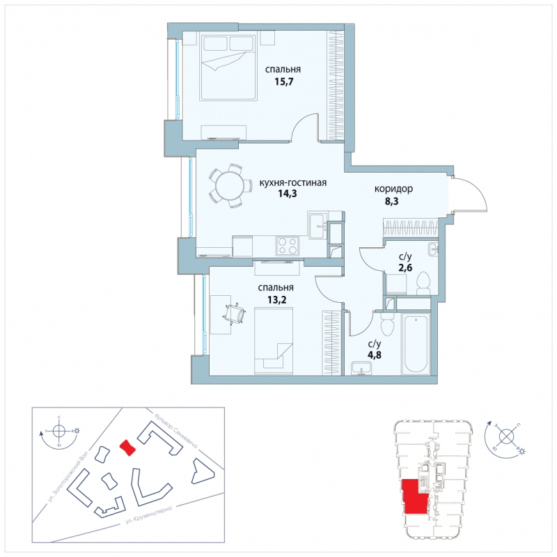 2-комнатная квартира в ЖК Символ на 24 этаже в 3 секции. Сдача в 3 кв. 2025 г.
