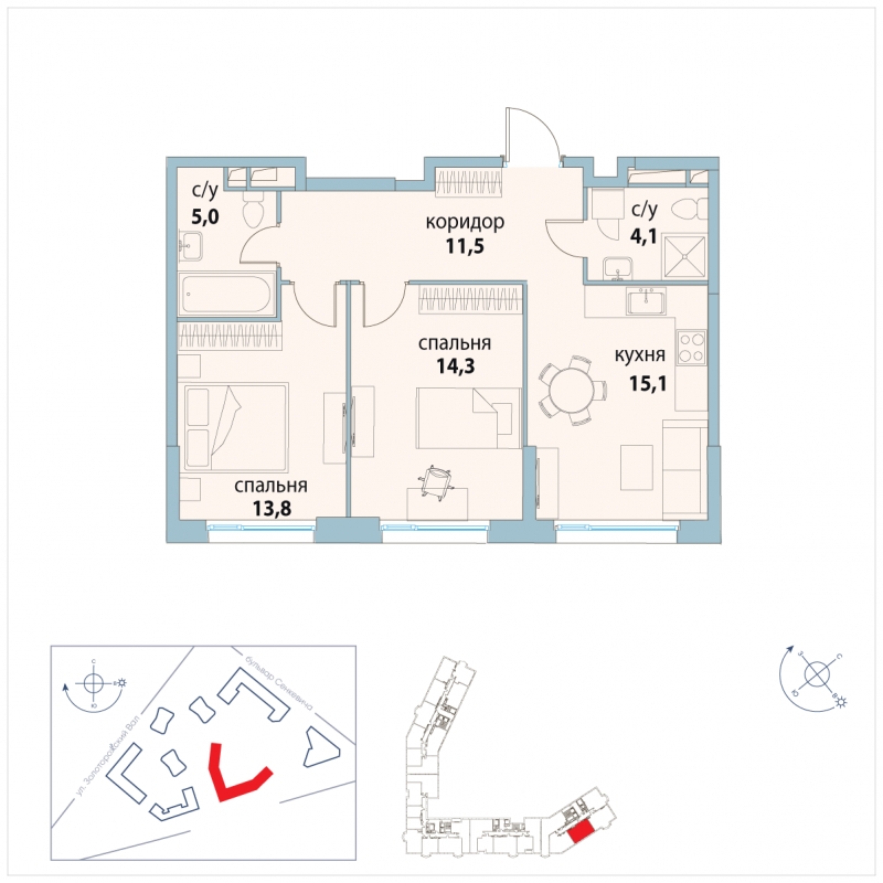 3-комнатная квартира в ЖК Символ на 3 этаже в 3 секции. Сдача в 3 кв. 2025 г.