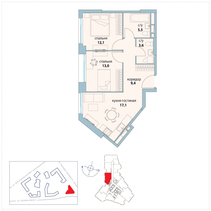 3-комнатная квартира в ЖК Символ на 20 этаже в 3 секции. Сдача в 3 кв. 2025 г.