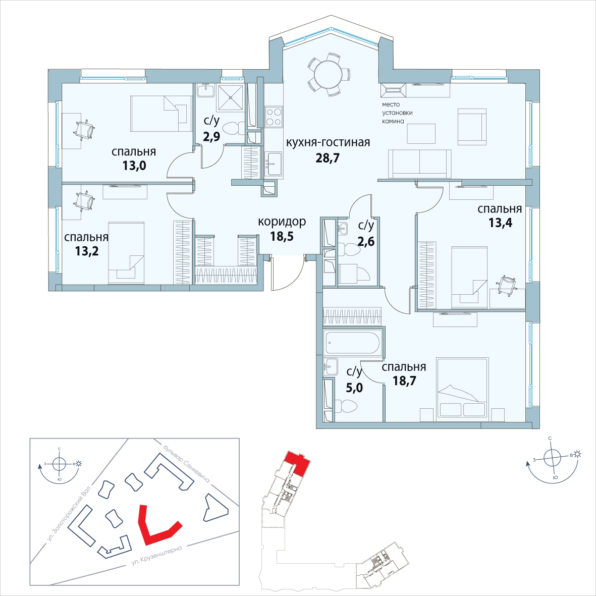 3-комнатная квартира в ЖК Символ на 16 этаже в 1 секции. Сдача в 3 кв. 2025 г.