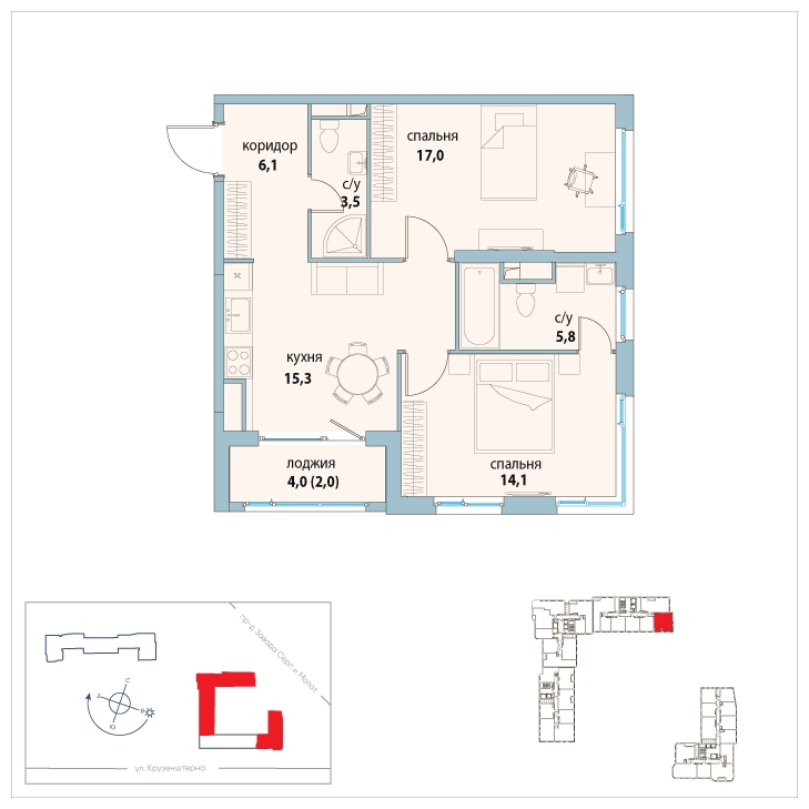 1-комнатная квартира в ЖК Символ на 22 этаже в 1 секции. Сдача в 3 кв. 2025 г.