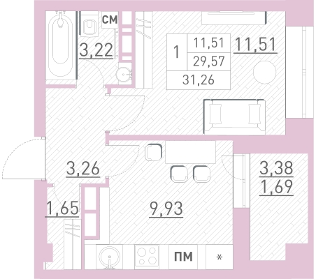 1-комнатная квартира (Студия) в ЖК Жилой микрорайон Одинбург на 12 этаже в 3 секции. Сдача в 2 кв. 2025 г.