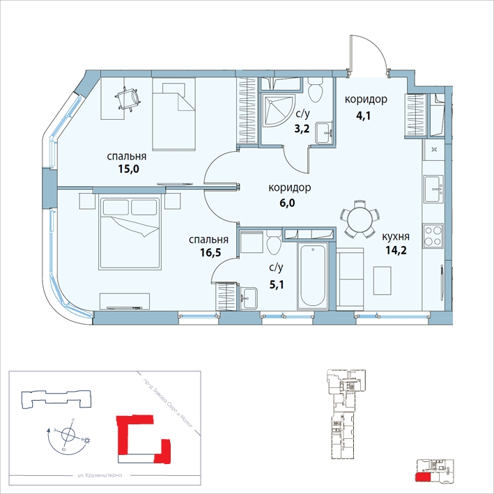 2-комнатная квартира в ЖК Символ на 11 этаже в 2 секции. Сдача в 3 кв. 2025 г.
