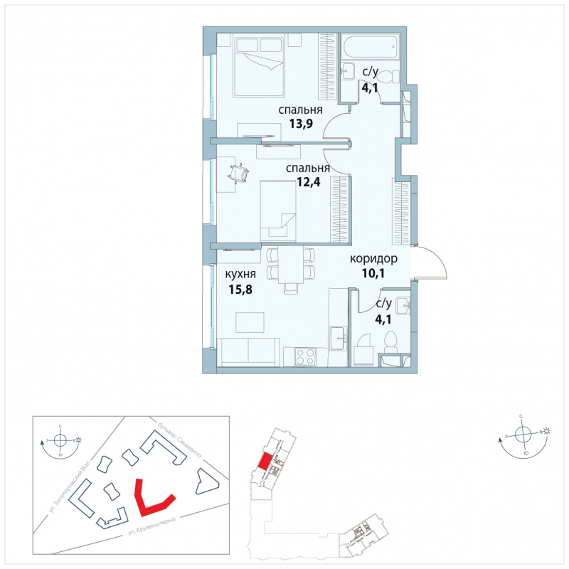 2-комнатная квартира в ЖК Скандинавия на 6 этаже в 1 секции. Сдача в 1 кв. 2025 г.
