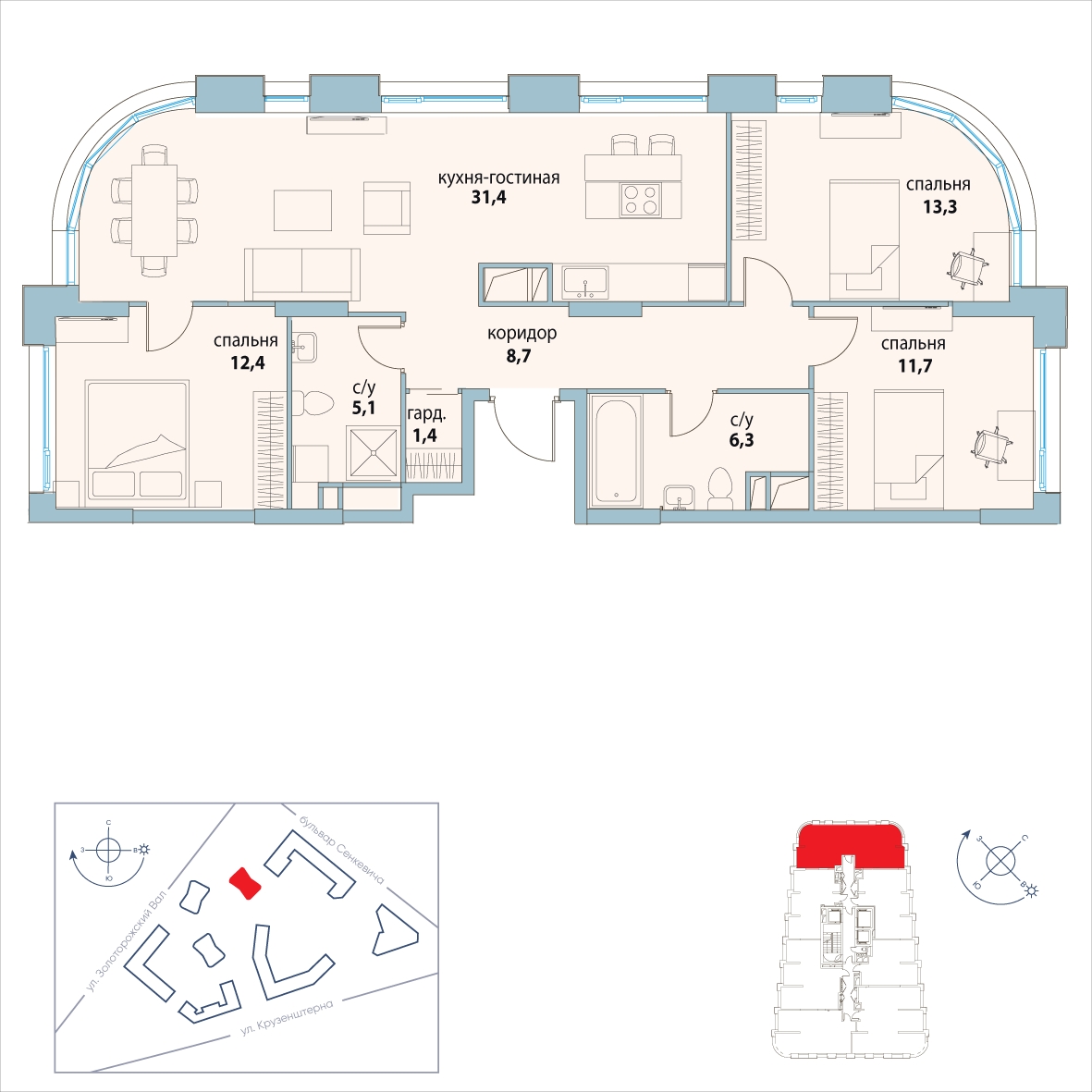 2-комнатная квартира в ЖК Символ на 18 этаже в 2 секции. Сдача в 3 кв. 2025 г.