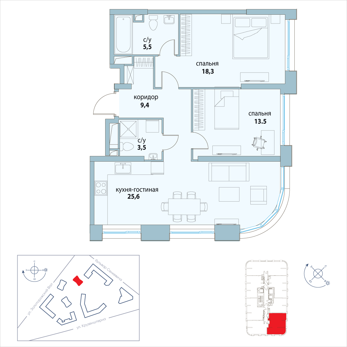 3-комнатная квартира в ЖК Символ на 21 этаже в 3 секции. Сдача в 3 кв. 2025 г.