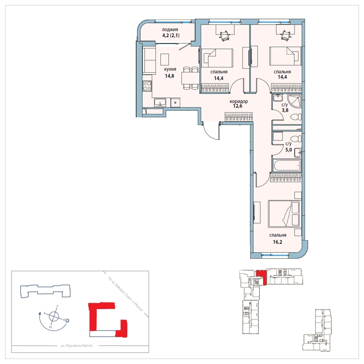 3-комнатная квартира в ЖК Символ на 13 этаже в 4 секции. Дом сдан.