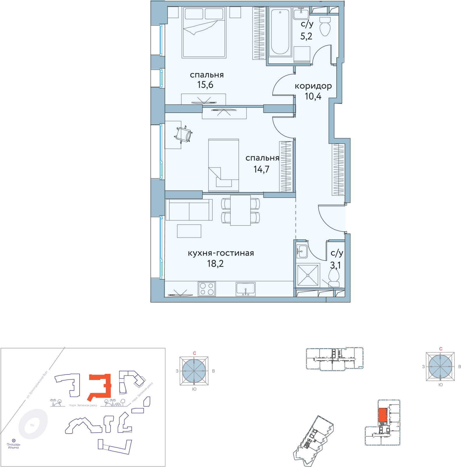 2-комнатная квартира в ЖК Символ на 18 этаже в 1 секции. Сдача в 3 кв. 2025 г.