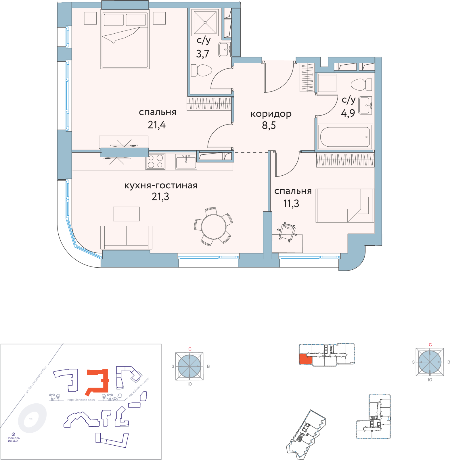 2-комнатная квартира в ЖК Символ на 21 этаже в 4 секции. Сдача в 3 кв. 2025 г.