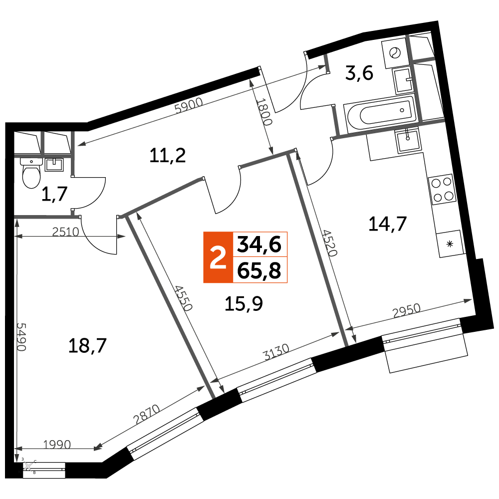 2-комнатная квартира в ЖК Символ на 9 этаже в 3 секции. Сдача в 3 кв. 2025 г.