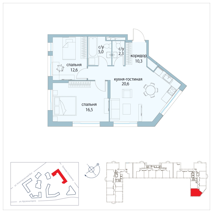 2-комнатная квартира в ЖК Скандинавия на 12 этаже в 1 секции. Сдача в 1 кв. 2025 г.