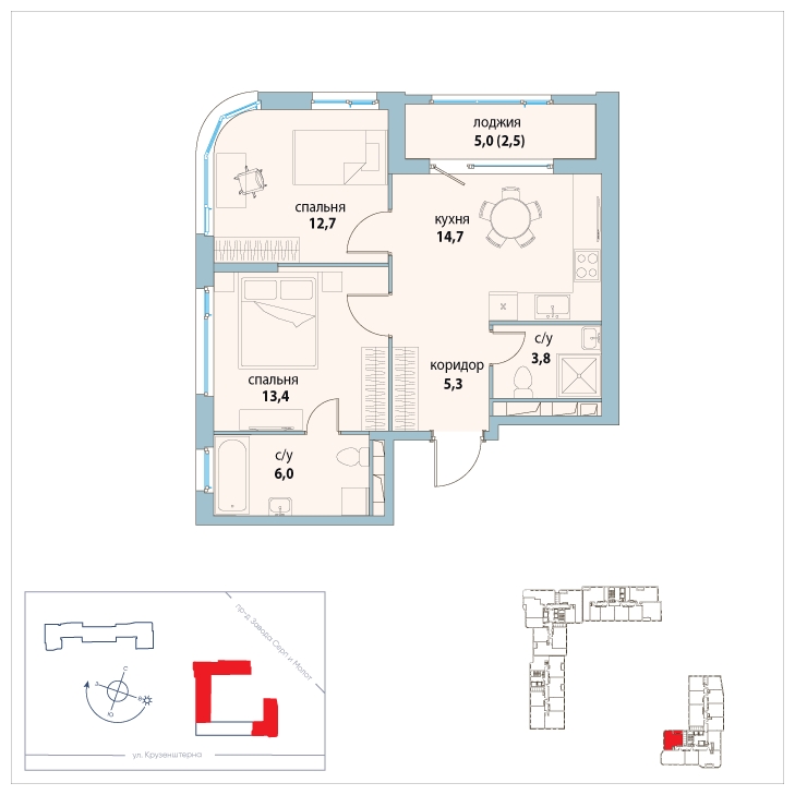 2-комнатная квартира в ЖК Символ на 12 этаже в 4 секции. Сдача в 3 кв. 2025 г.