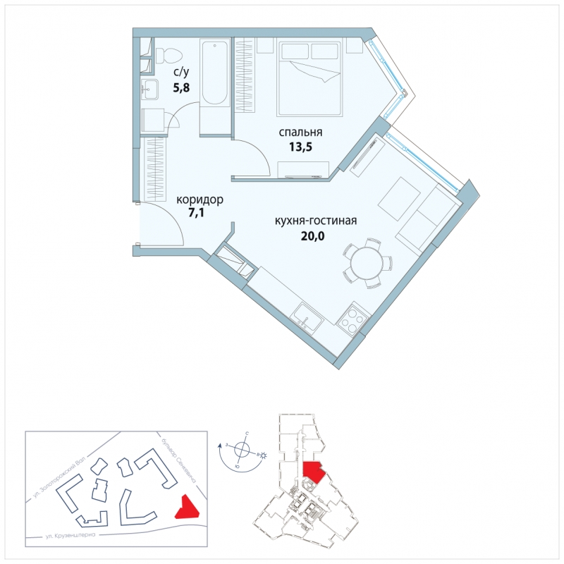 2-комнатная квартира в ЖК Символ на 20 этаже в 2 секции. Сдача в 3 кв. 2025 г.