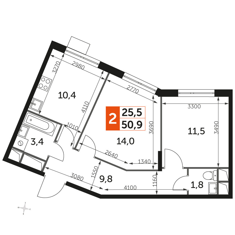 2-комнатная квартира в ЖК Символ на 27 этаже в 1 секции. Сдача в 3 кв. 2025 г.