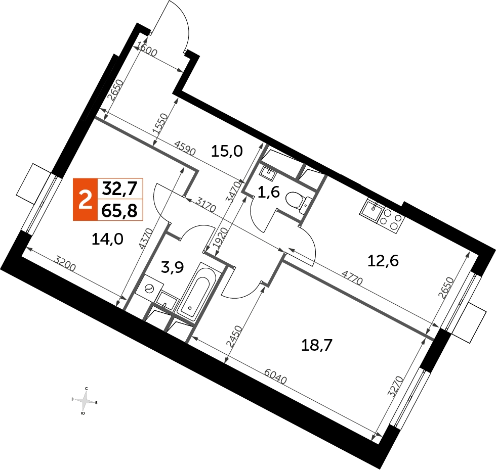 2-комнатная квартира в ЖК Символ на 6 этаже в 4 секции. Сдача в 3 кв. 2025 г.