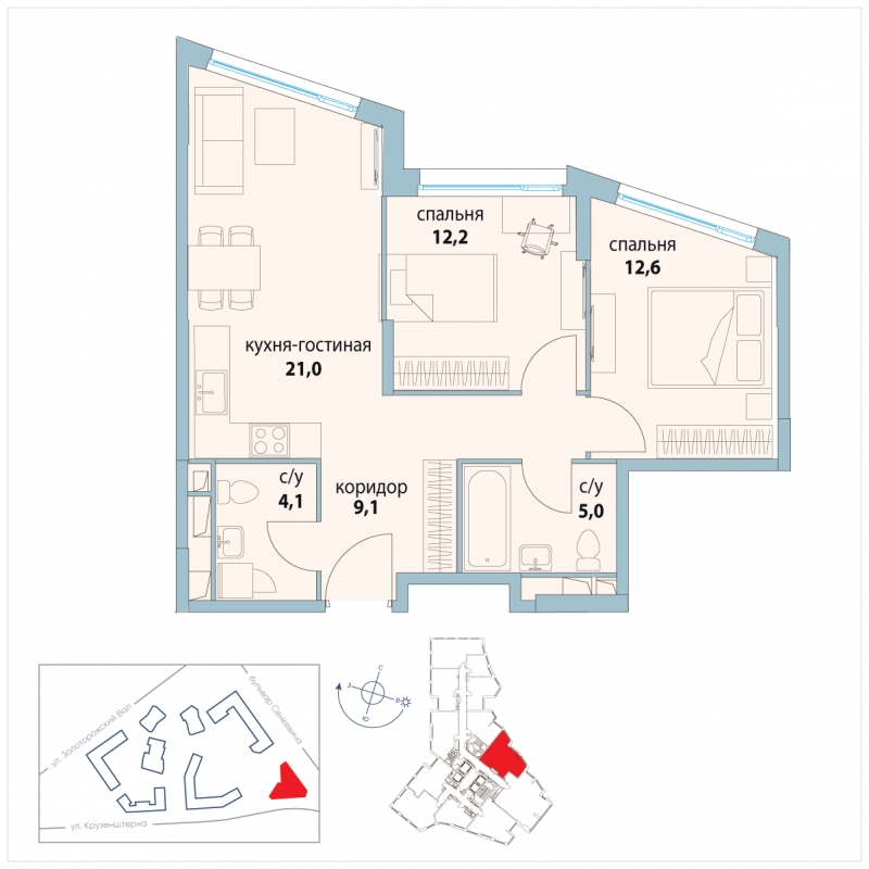 2-комнатная квартира в ЖК Скандинавия на 16 этаже в 1 секции. Сдача в 1 кв. 2025 г.