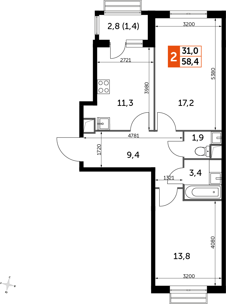 2-комнатная квартира в ЖК Символ на 18 этаже в 3 секции. Сдача в 3 кв. 2025 г.