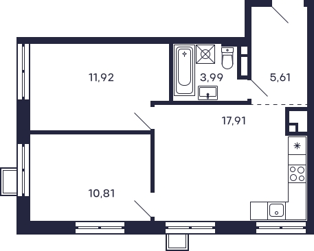 2-комнатная квартира в ЖК VESNA на 12 этаже в 2 секции. Сдача в 4 кв. 2022 г.