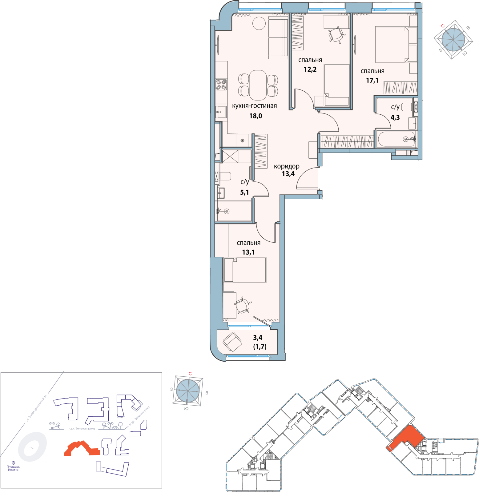 2-комнатная квартира в ЖК Символ на 15 этаже в 3 секции. Сдача в 3 кв. 2025 г.