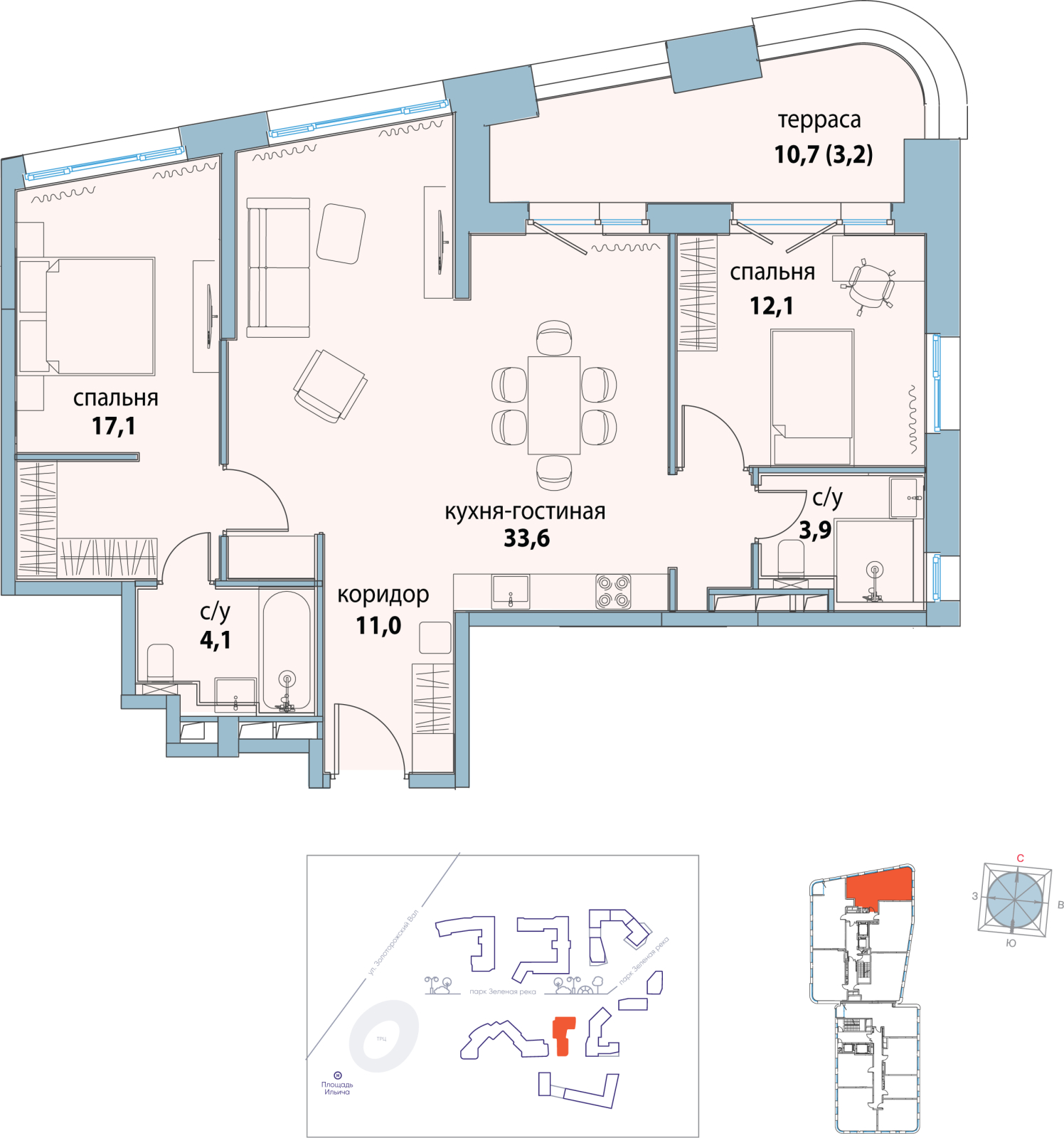 1-комнатная квартира в ЖК Символ на 17 этаже в 1 секции. Сдача в 3 кв. 2025 г.