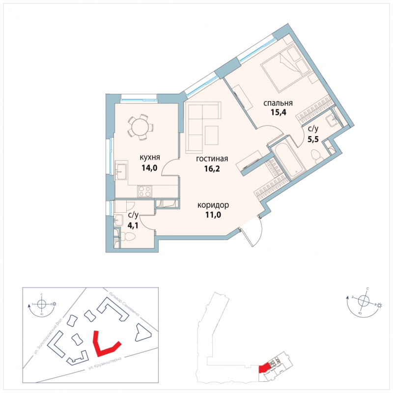 2-комнатная квартира в ЖК Символ на 5 этаже в 2 секции. Сдача в 3 кв. 2025 г.