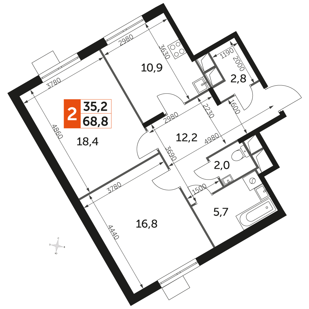 3-комнатная квартира в ЖК Символ на 24 этаже в 1 секции. Сдача в 3 кв. 2025 г.