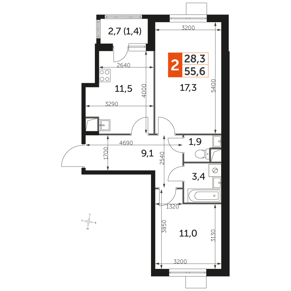 3-комнатная квартира в ЖК Символ на 14 этаже в 3 секции. Сдача в 3 кв. 2025 г.