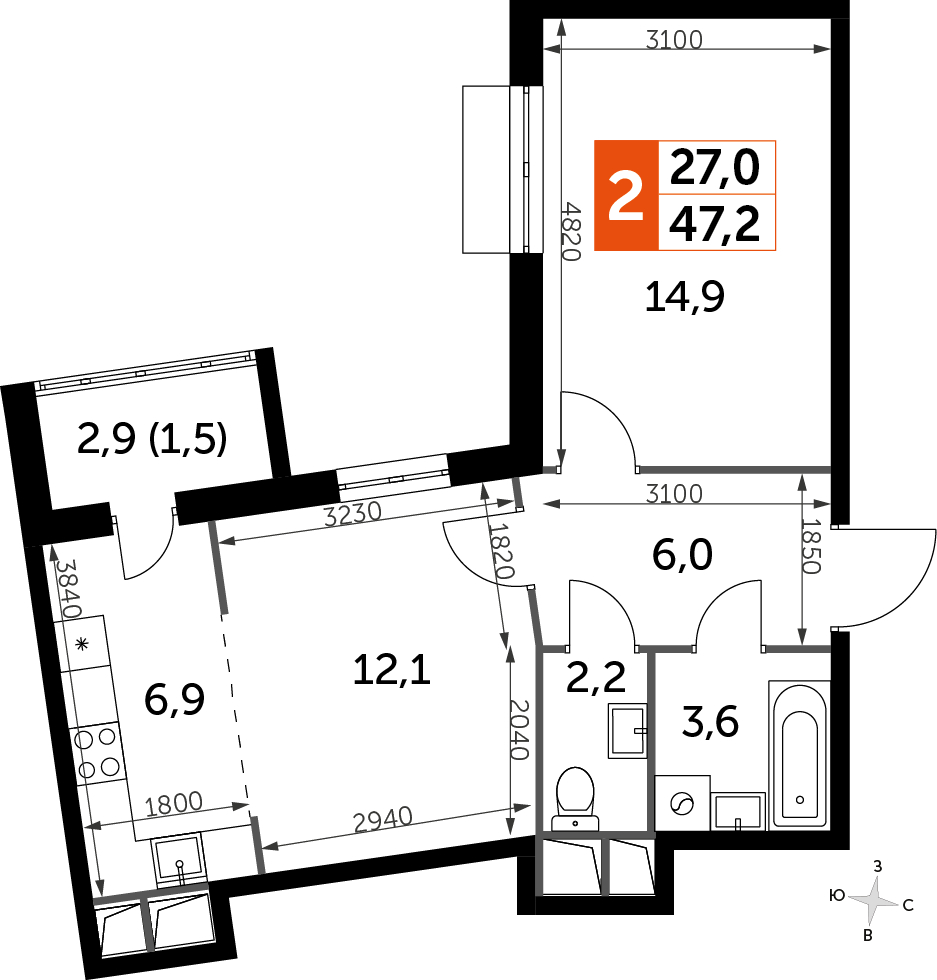 2-комнатная квартира в ЖК Символ на 15 этаже в 4 секции. Сдача в 3 кв. 2025 г.