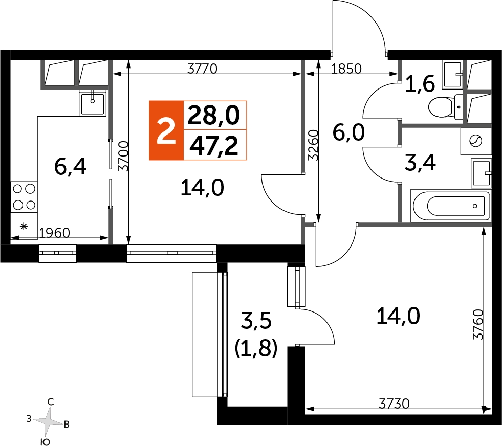 1-комнатная квартира в ЖК Эко Бунино на 9 этаже в 10 секции. Сдача в 4 кв. 2025 г.