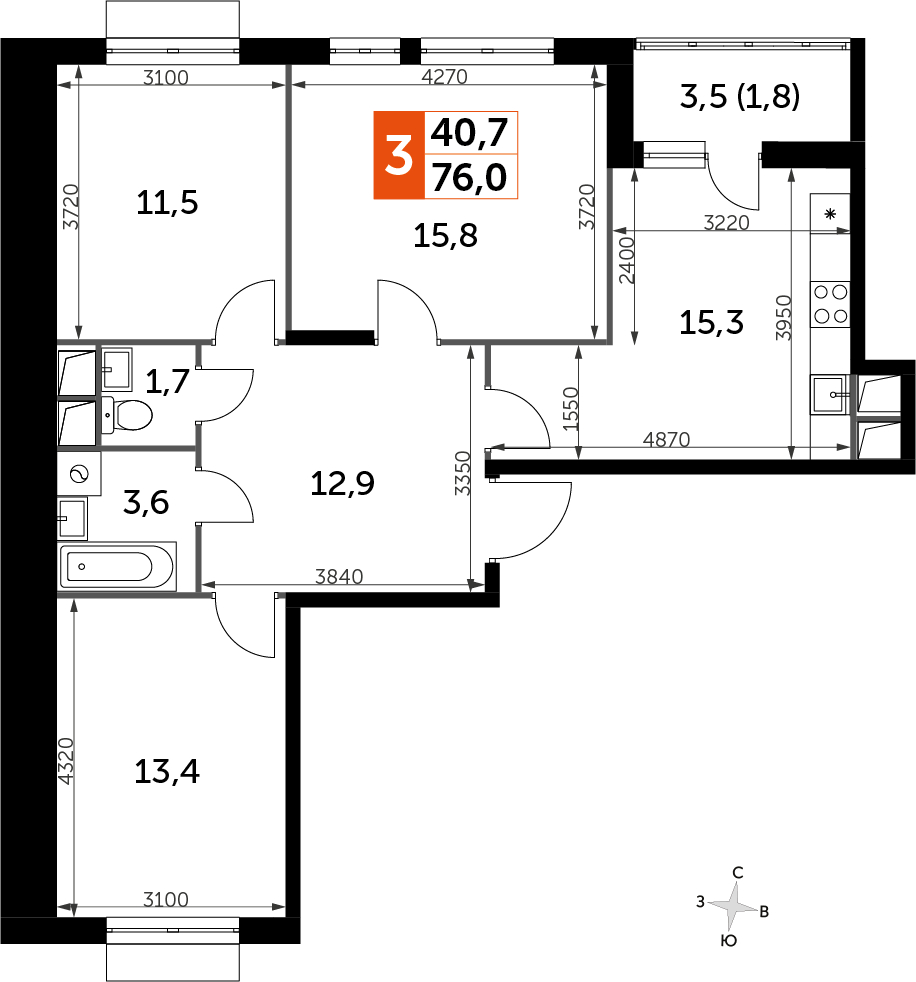 1-комнатная квартира с отделкой в ЖК Эко Бунино на 12 этаже в 5 секции. Сдача в 4 кв. 2025 г.