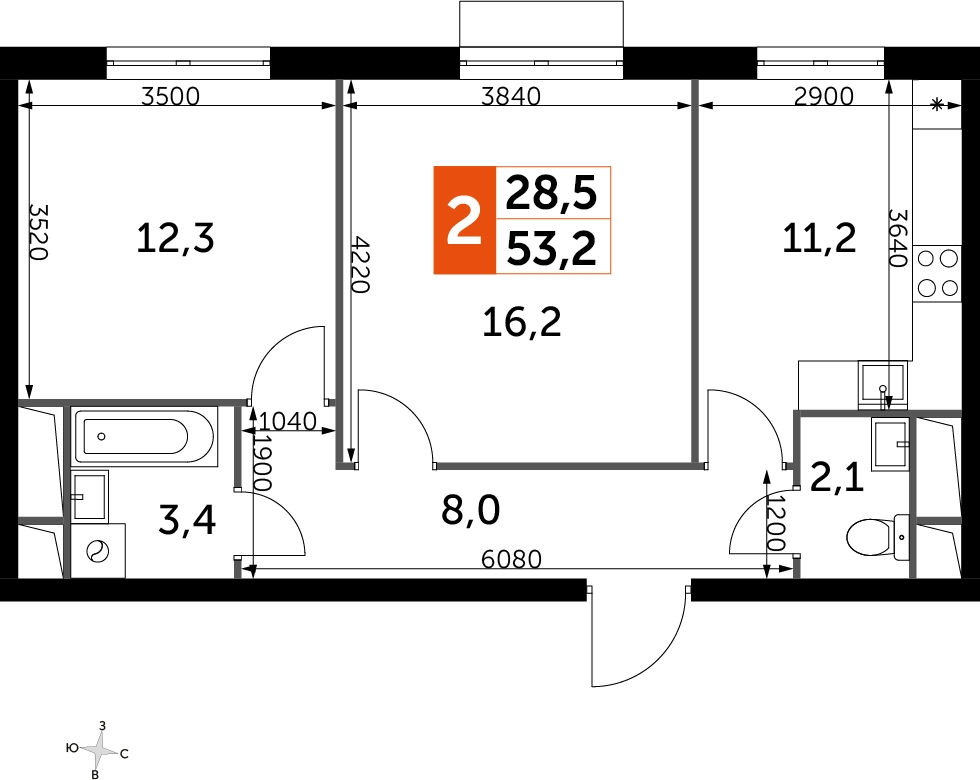 2-комнатная квартира в ЖК UP-квартал Римский на 3 этаже в 12 секции. Сдача в 3 кв. 2023 г.