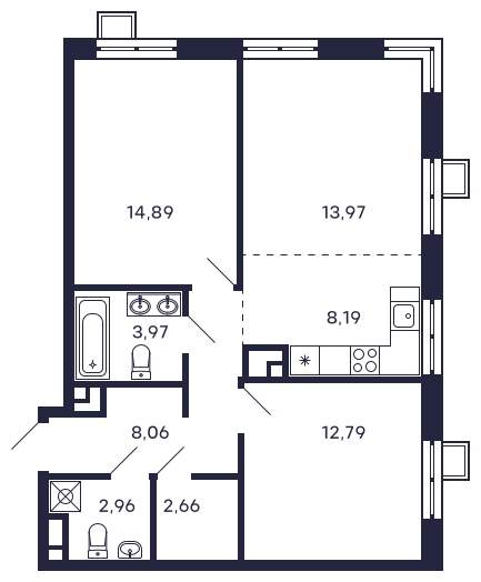 2-комнатная квартира в ЖК VESNA на 6 этаже в 3 секции. Сдача в 4 кв. 2022 г.