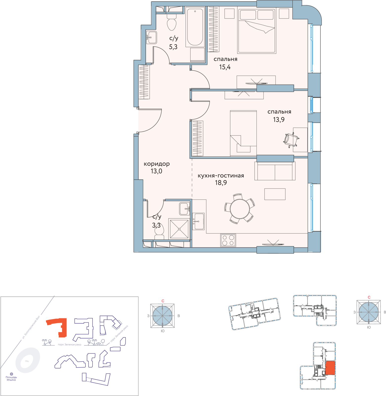 2-комнатная квартира в ЖК Скандинавия на 6 этаже в 3 секции. Сдача в 1 кв. 2025 г.