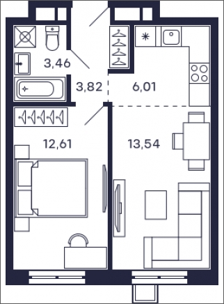 1-комнатная квартира (Студия) в ЖК VESNA на 9 этаже в 1 секции. Сдача в 4 кв. 2022 г.