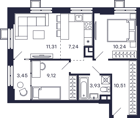 1-комнатная квартира в ЖК Жилой микрорайон Одинбург на 12 этаже в 4 секции. Сдача в 2 кв. 2025 г.