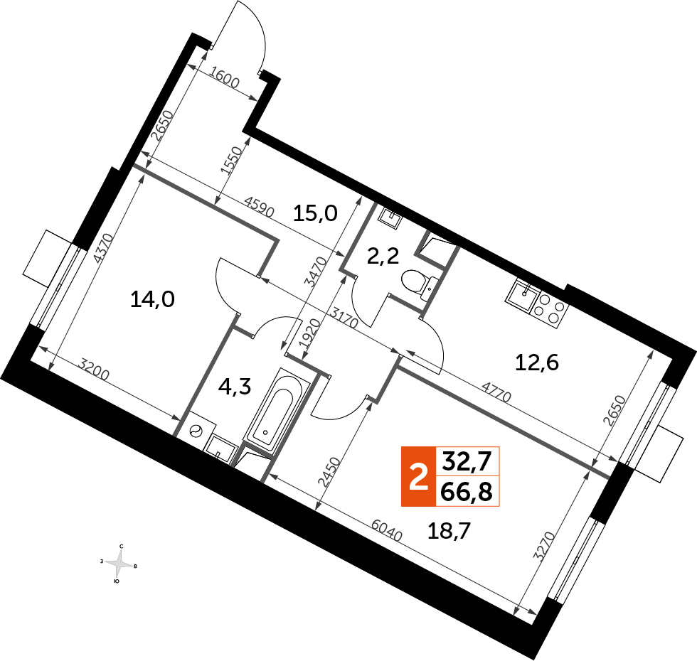 1-комнатная квартира в ЖК UP-квартал Римский на 2 этаже в 12 секции. Сдача в 3 кв. 2023 г.